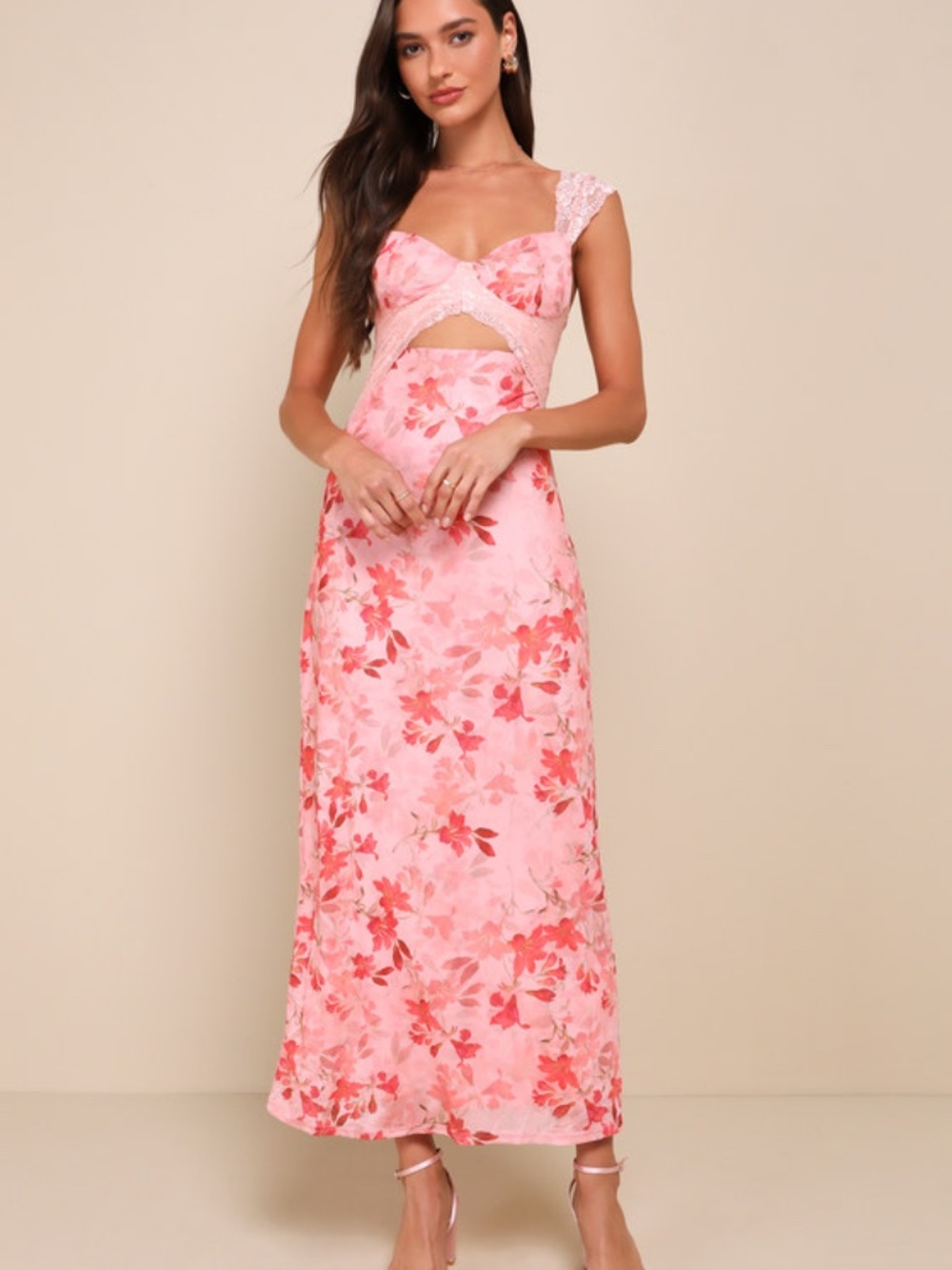 Lulus Endlessly Cute Pink Floral Mesh Cutout Lace Bustier Maxi Dress - Size M
